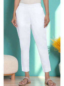 Elleven - Womens White Solid Heavy Poplin Trousers in Ankle Length