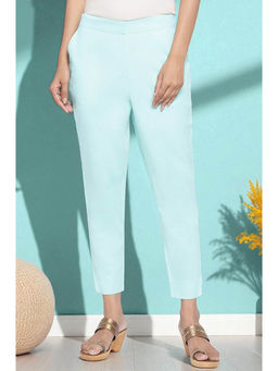 Elleven - Womens Blue Solid Cotton Flax Ankle Length Trousers