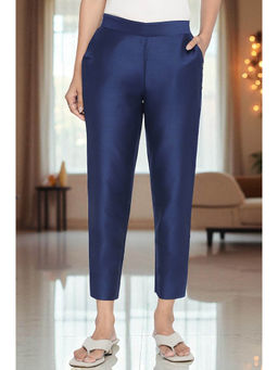 Elleven - Womens Blue Solid Mid Rise Slub Trousers in Ankle Length