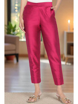 Elleven - Womens Pink Solid Mid Rise Slub Trousers in Ankle Length