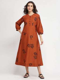 Pink Fort - Cotton Floral A-Line Dress - Rust