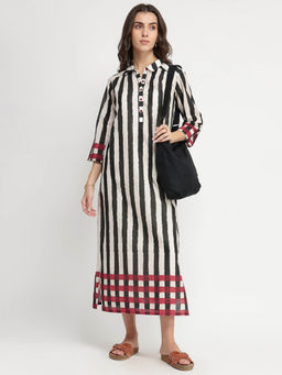 Pink Fort - Cotton Stripe Play Shirt Dress - Black and Red