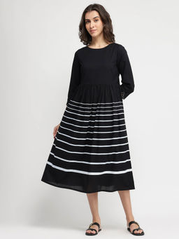 Pink Fort - Cotton Striped Fit and Flare Dress - Black and White