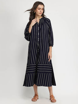 Pink Fort - Cotton Stripe Play A-Line Dress - Navy Blue