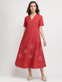 Pink Fort - Cotton Bandhani A-Line Dress - Red