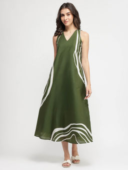 Pink Fort - Cotton Abstract Print A-Line Dress - Olive