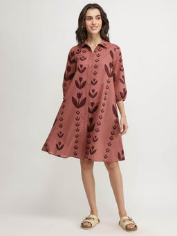 Pink Fort - Cotton Floral A-Line Shirt Dress - Pink