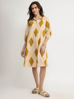 Pink Fort - Cotton Geometric Shirt Dress - Beige and Mustard