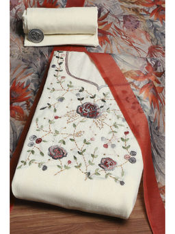 Biba - Off White Cotton Hand Embroidered Unstitched Dress Material
