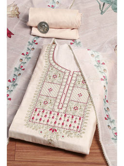 Biba - Beige Cotton Blend Machine Embroidered Unstitched Dress Material