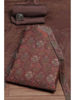 Biba - Brown Chanderi Printed Embroidered Unstitched Dress Material