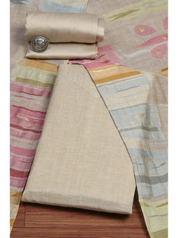 Biba - Beige Chanderi Embroidered Unstitched Dress Material