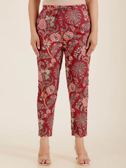 ARAMYA - Red Soft Cotton Floral Pant for Women