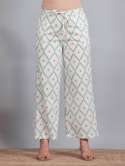 ARAMYA - Off White Soft Cotton Geometric Pant for Women
