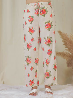 ARAMYA - Off White Linen Cotton Floral Pant for Women