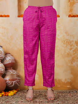 ARAMYA - Pink Viscose Gold foil Pant for Women