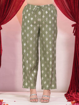 ARAMYA - Green Roman silk Gold foil Pant for Women