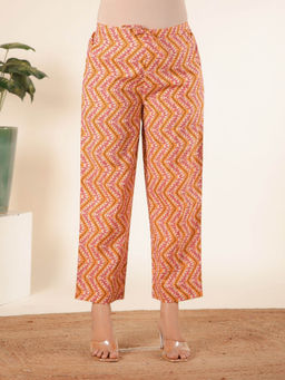 ARAMYA - Yellow Soft Cotton Geometric Pant for Women