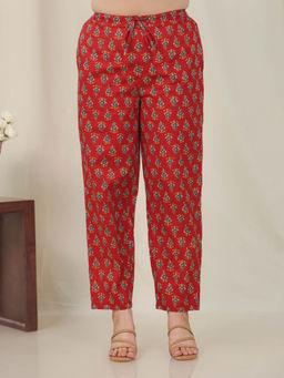 ARAMYA - Red Soft Cotton Floral Pant for Women