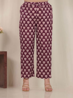 ARAMYA - Wine Soft Cotton Floral Pant for Women