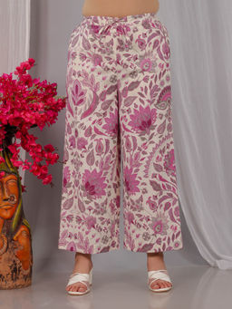 ARAMYA - Off White Linen Cotton Floral Pant for Women