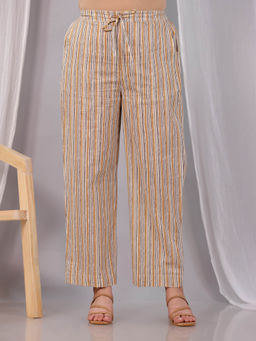 ARAMYA - Beige Soft Cotton Striped Pant for Women