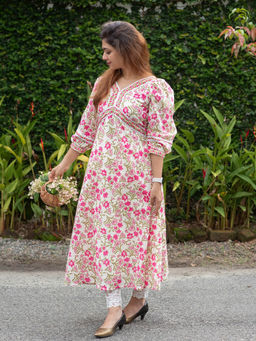 Zerah Designs - Rose Pink and Off White Floral Print Dress