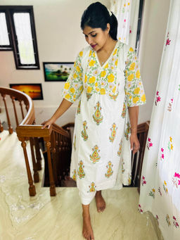 Zerah Designs - Buttercup Yellow and White Handblock Floral Printed Cotton Dress