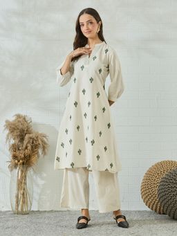 MOKOSH - Women Off-White Cotton Cactus Embroidered Kurta and Co-Ord Set