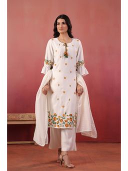 SAVI - Women White Polyester Kurta with Pant and Dupatta