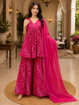 HOUSE OF JAMOTI - Gulabi Bandhej Kurta with Sharara and Dupatta