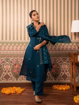 ARAMYA - Women Blue Chanderi Kurta with Pant and Dupatta