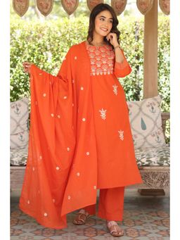 ARAMYA - Women Orange Cotton Kurta with Pant and Dupatta
