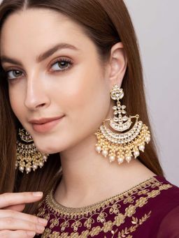 Indya - Gold Crescent Kundan Multi Bead Drop Chandbali Earrings