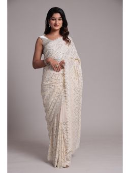 Zari Jaipur - Cream Georgette Embroidery Saree with Unstitched Blouse