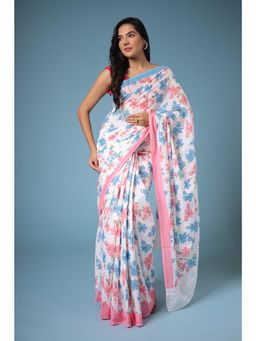 Zari Jaipur - White Viscose Cotton Floral Print Saree with Unstitched Blouse