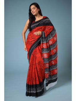 Zari Jaipur - Red Viscose Cotton Printed Saree with Unstitched Blouse