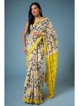 Zari Jaipur - Cream Viscose Cotton Floral Print Saree with Unstitched Blouse