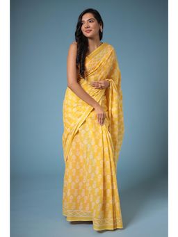 Zari Jaipur - Yellow Viscose Cotton Floral Print Saree with Unstitched Blouse