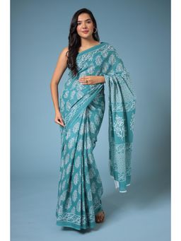 Zari Jaipur - Green Viscose Cotton Floral Print Saree with Unstitched Blouse