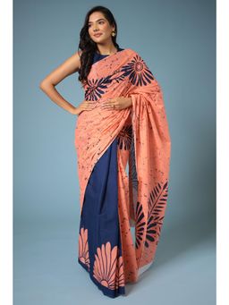 Zari Jaipur - Peach Viscose Cotton Printed Saree with Unstitched Blouse