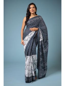 Zari Jaipur - Navy Blue Viscose Cotton Printed Saree with Unstitched Blouse