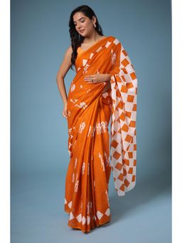 Zari Jaipur - Orange Viscose Cotton Printed Saree with Unstitched Blouse