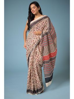 Zari Jaipur - Cream Viscose Cotton Printed Saree with Unstitched Blouse