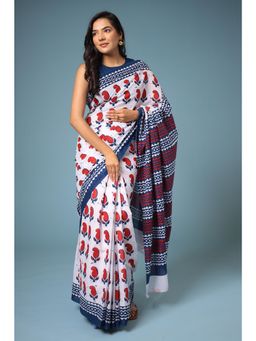 Zari Jaipur - White Viscose Cotton Printed Saree with Unstitched Blouse