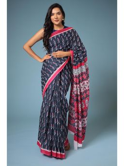 Zari Jaipur - Blue Viscose Cotton Printed Saree with Unstitched Blouse