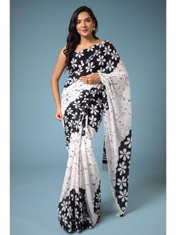 Zari Jaipur - White Viscose Cotton Floral Printed Saree with Unstitched Blouse