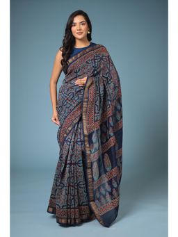 Zari Jaipur - Navy Blue Chanderi Floral Print Saree with Zari Border with Unstitched Blouse
