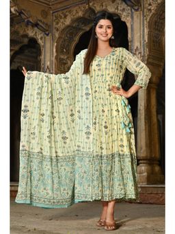Zari Jaipur - Embroidery Works Green Viscose Floral Kurta with Dupatta (Set of 2)