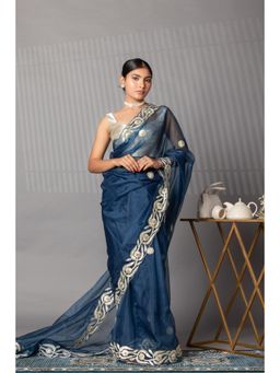 Zari Jaipur - Dark Blue Organza Gotta Work Saree with Unstitched Blouse